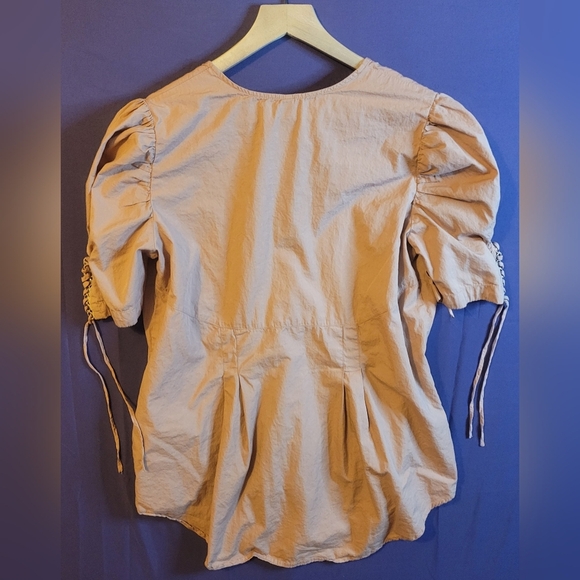 Free People Tan V-Neck Cotton Blouse With Lace Up Detail. Size M - Picture 5 of 7